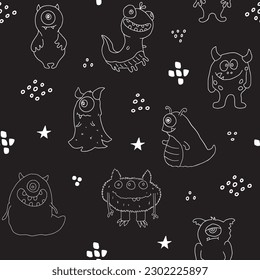Cute monsters seamless pattern. Cartoon monsters background. Vector illustration.