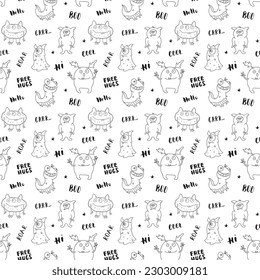 Cute monsters seamless pattern. Cartoon monsters background. Vector illustration.
