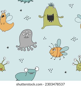 Cute monsters seamless pattern. Cartoon monsters background. Vector illustration.