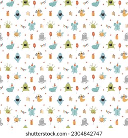 Cute monsters seamless pattern. Cartoon monsters background. Vector illustration.