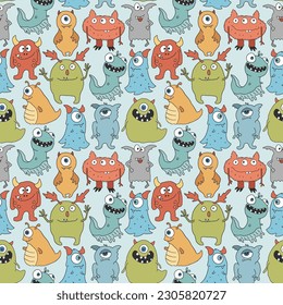 Cute monsters seamless pattern. Cartoon monsters background. Vector illustration.