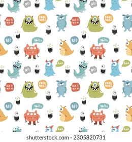 Cute monsters seamless pattern. Cartoon monsters background. Vector illustration.