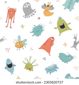 Cute monsters seamless pattern. Cartoon monsters background. Vector illustration.