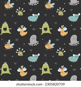 Cute monsters seamless pattern. Cartoon monsters background. Vector illustration.