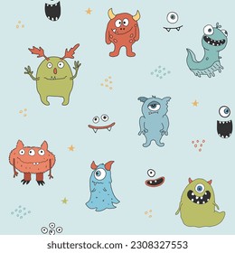 Cute monsters seamless pattern. Cartoon monsters background. Vector illustration.