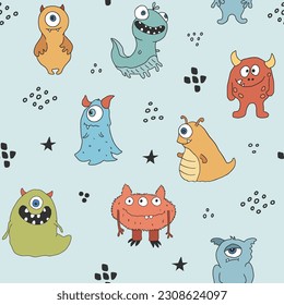 Cute monsters seamless pattern. Cartoon monsters background. Vector illustration.