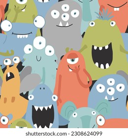 Cute monsters seamless pattern. Cartoon monsters background. Vector illustration.