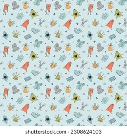 Rutsche Monster nahtloses Muster. Cartoon-Monster-Hintergrund. Vektorgrafik.