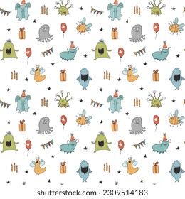 Cute monsters seamless pattern. Cartoon monsters background. Vector illustration.