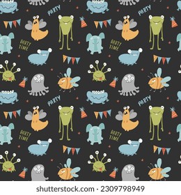 Cute monsters seamless pattern. Cartoon monsters background. Vector illustration.