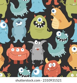 Cute monsters seamless pattern. Cartoon monsters background. Vector illustration.