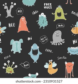Cute monsters seamless pattern. Cartoon monsters background. Vector illustration.