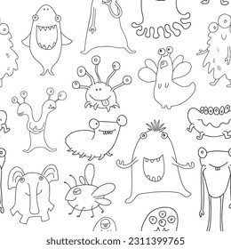 Cute monsters seamless pattern. Cartoon monsters background. Vector illustration.