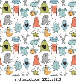 Cute monsters seamless pattern. Cartoon monsters background. Vector illustration.