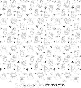 Cute monsters seamless pattern. Cartoon monsters background. Vector illustration.