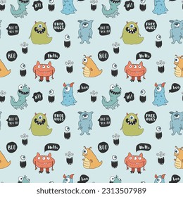 Cute monsters seamless pattern. Cartoon monsters background. Vector illustration.