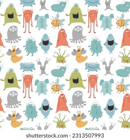 Un patrón impecable para los monstruos. Fondo de los monstruos de las caricaturas. Ilustración vectorial.