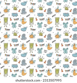 Cute monsters seamless pattern. Cartoon monsters background. Vector illustration.