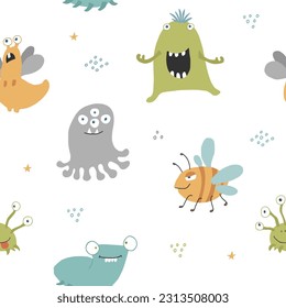 Cute monsters seamless pattern. Cartoon monsters background. Vector illustration.