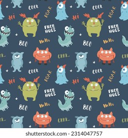 Cute monsters seamless pattern. Cartoon monsters background. Vector illustration.