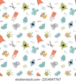 Cute monsters seamless pattern. Cartoon monsters background. Vector illustration.