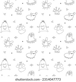 Cute monsters seamless pattern. Cartoon monsters background. Vector illustration.