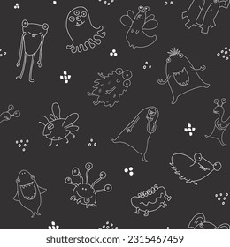 Cute monsters seamless pattern. Cartoon monsters background. Vector illustration.