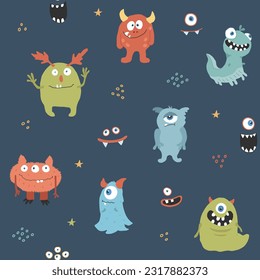 Cute monsters seamless pattern. Cartoon monsters background. Vector illustration.