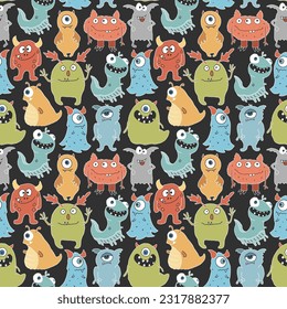 Cute monsters seamless pattern. Cartoon monsters background. Vector illustration.