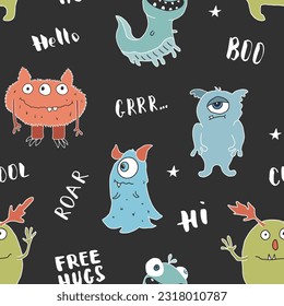 Cute monsters seamless pattern. Cartoon monsters background. Vector illustration.