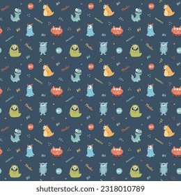 Cute monsters seamless pattern. Cartoon monsters background. Vector illustration.