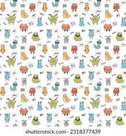 Cute monsters seamless pattern. Cartoon monsters background. Vector illustration.