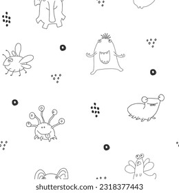 Cute monsters seamless pattern. Cartoon monsters background. Vector illustration.