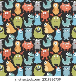 Cute monsters seamless pattern. Cartoon monsters background. Vector illustration.