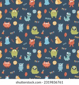 Cute monsters seamless pattern. Cartoon monsters background. Vector illustration.