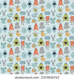 Cute monsters seamless pattern. Cartoon monsters background. Vector illustration.