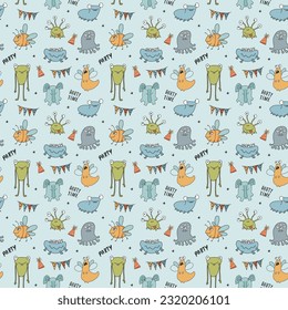 Cute monsters seamless pattern. Cartoon monsters background. Vector illustration.