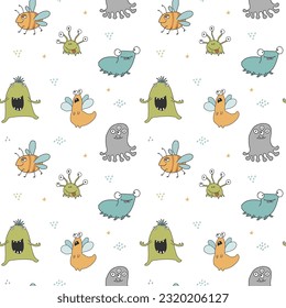 Cute monsters seamless pattern. Cartoon monsters background. Vector illustration.