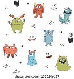 Cute monsters seamless pattern. Cartoon monsters background. Vector illustration.