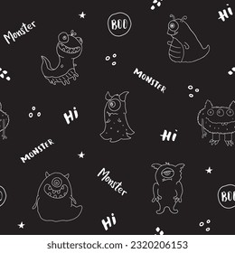 Cute monsters seamless pattern. Cartoon monsters background. Vector illustration.