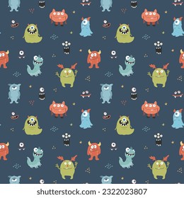 Cute monsters seamless pattern. Cartoon monsters background. Vector illustration.