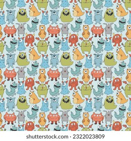Cute monsters seamless pattern. Cartoon monsters background. Vector illustration.