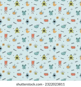 Cute monsters seamless pattern. Cartoon monsters background. Vector illustration.