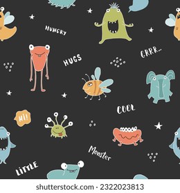 Cute monsters seamless pattern. Cartoon monsters background. Vector illustration.