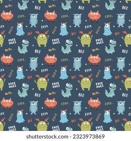 Cute monsters seamless pattern. Cartoon monsters background. Vector illustration.