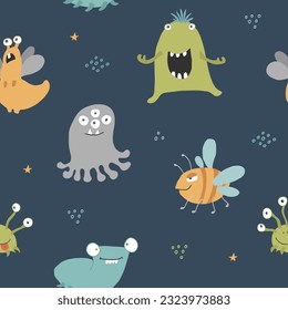 Cute monsters seamless pattern. Cartoon monsters background. Vector illustration.