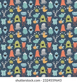 Cute monsters seamless pattern. Cartoon monsters background. Vector illustration.