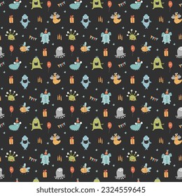 Cute monsters seamless pattern. Cartoon monsters background. Vector illustration.