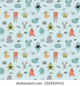 Cute monsters seamless pattern. Cartoon monsters background. Vector illustration.