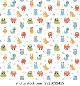 Cute monsters seamless pattern. Cartoon monsters background. Vector illustration.
